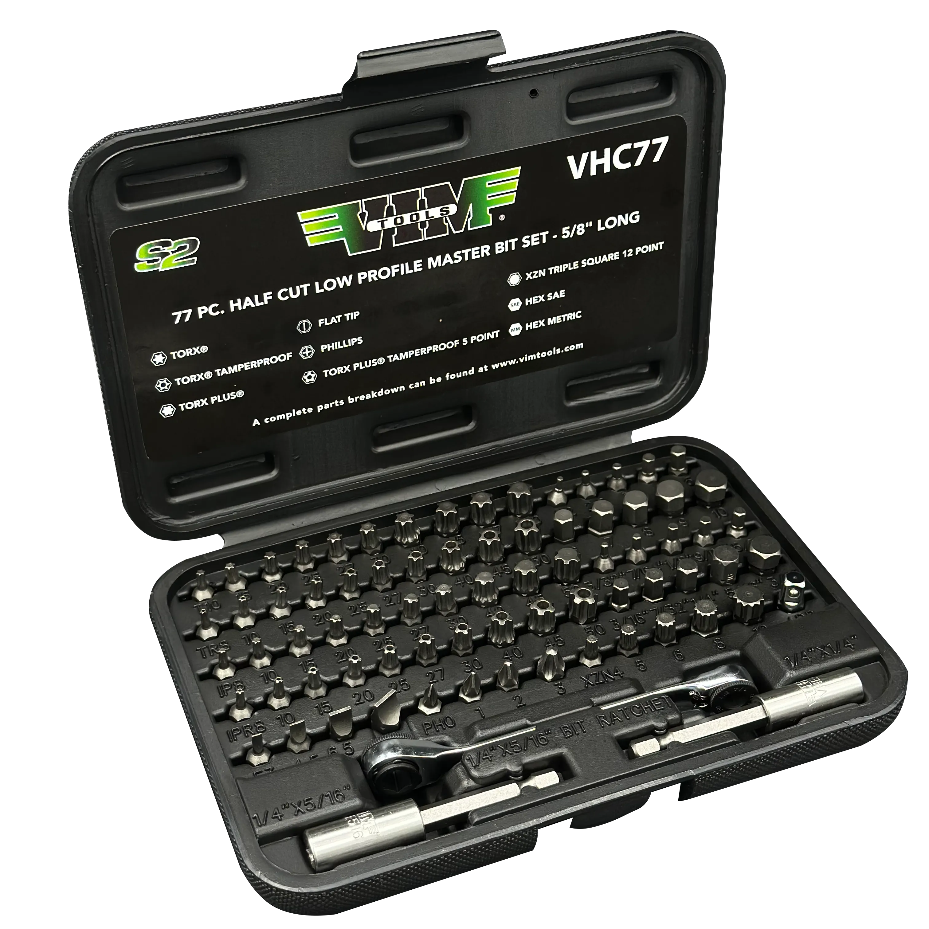 VIM Tools VHC77 Half Cut Low Profile Master Bit Set - 5/8" Long 77pc