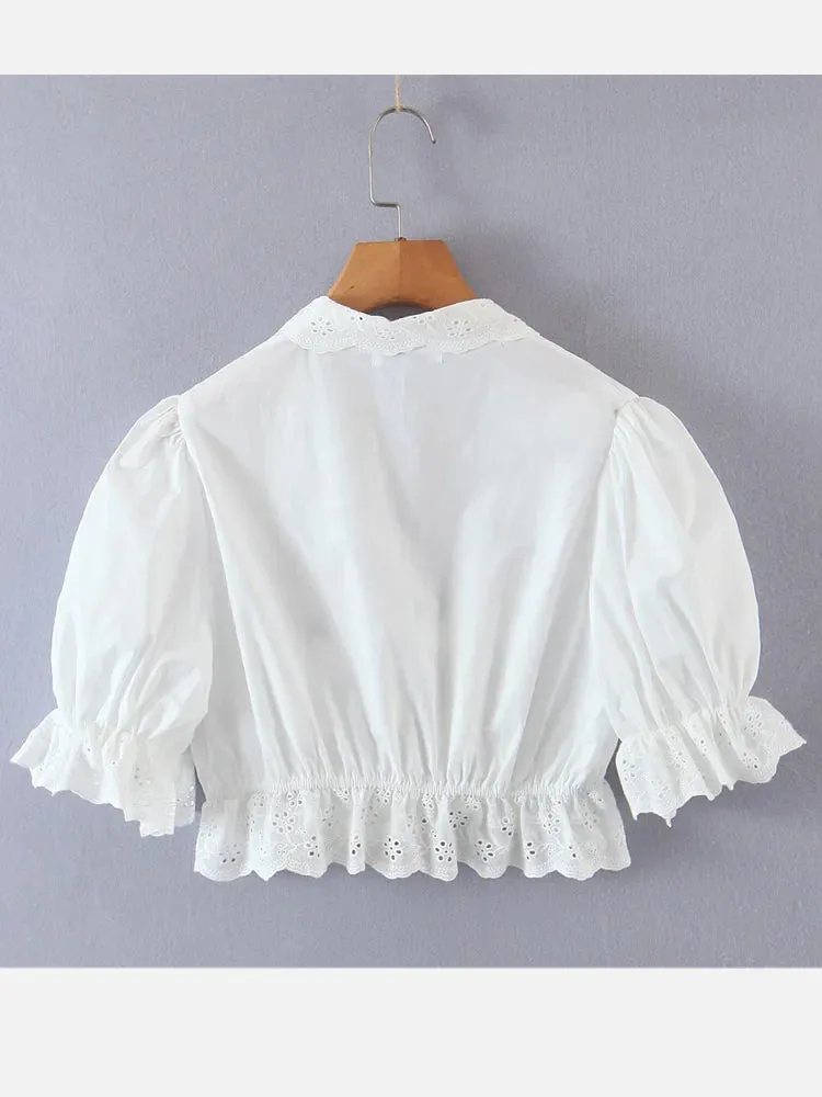 White Flower Sleeve Cropped Bow Tops Blouse