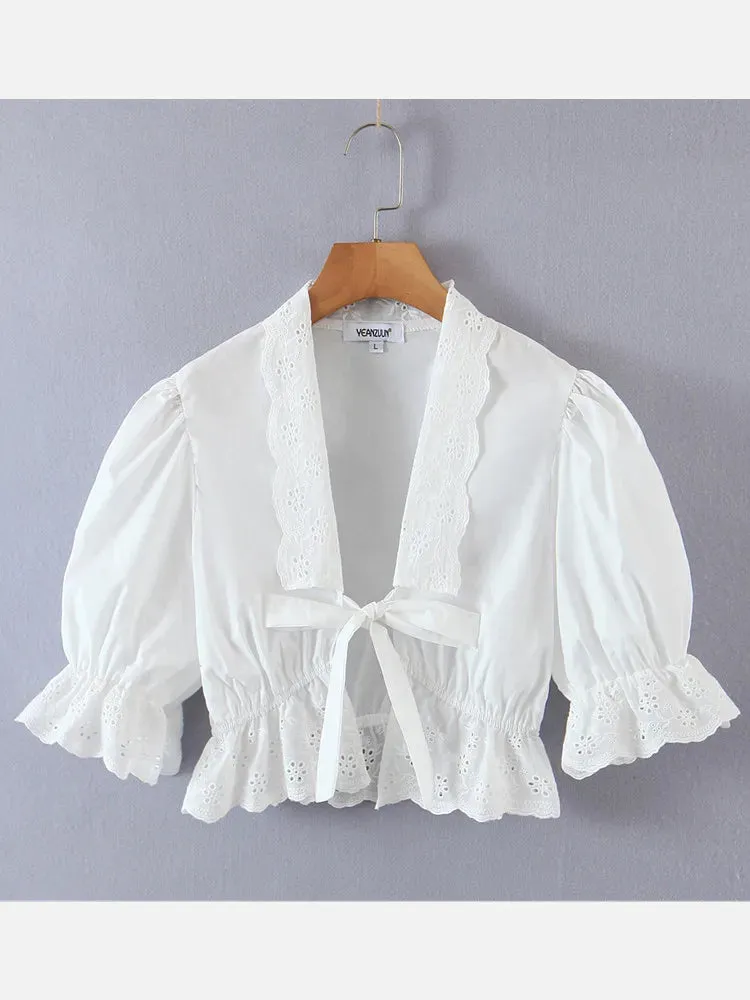 White Flower Sleeve Cropped Bow Tops Blouse