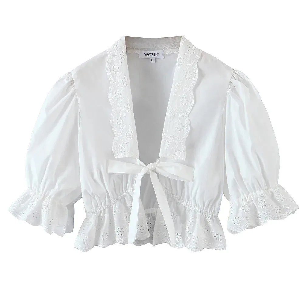 White Flower Sleeve Cropped Bow Tops Blouse