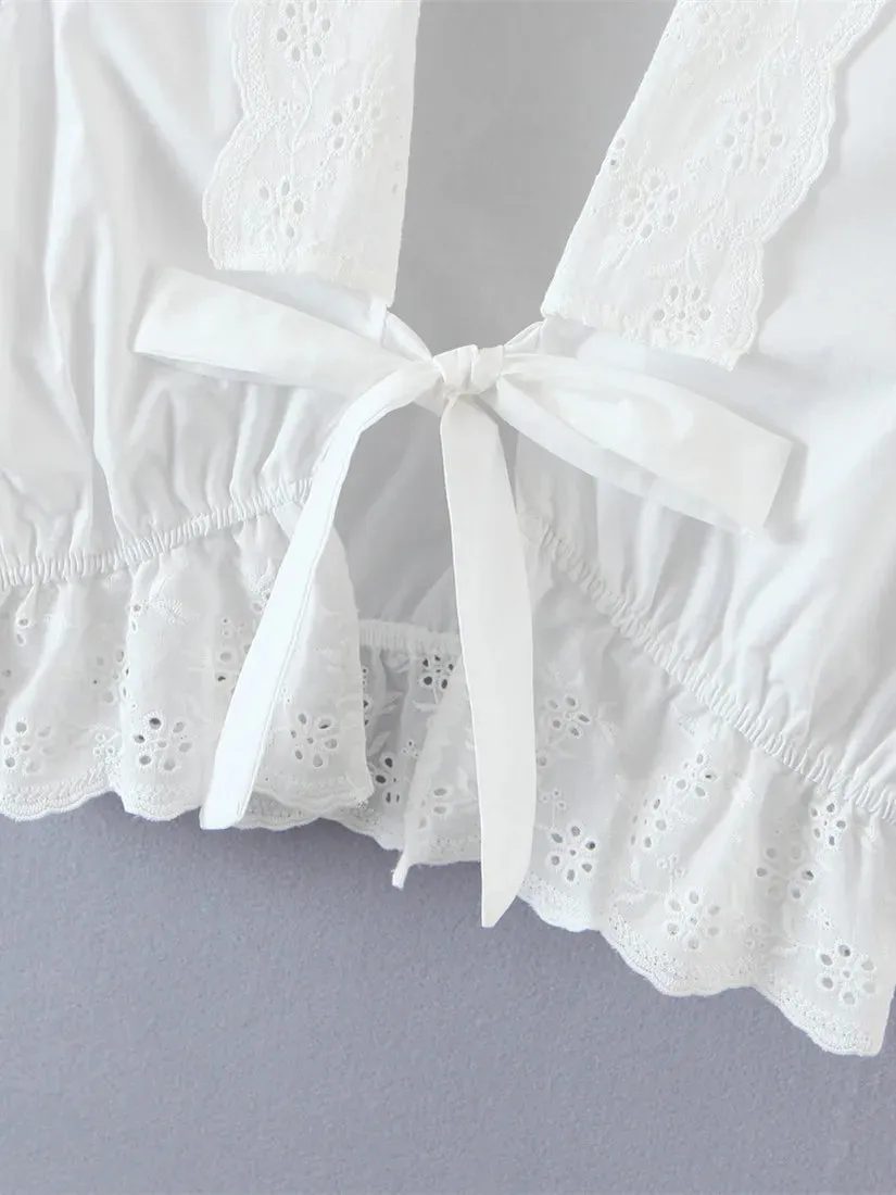 White Flower Sleeve Cropped Bow Tops Blouse