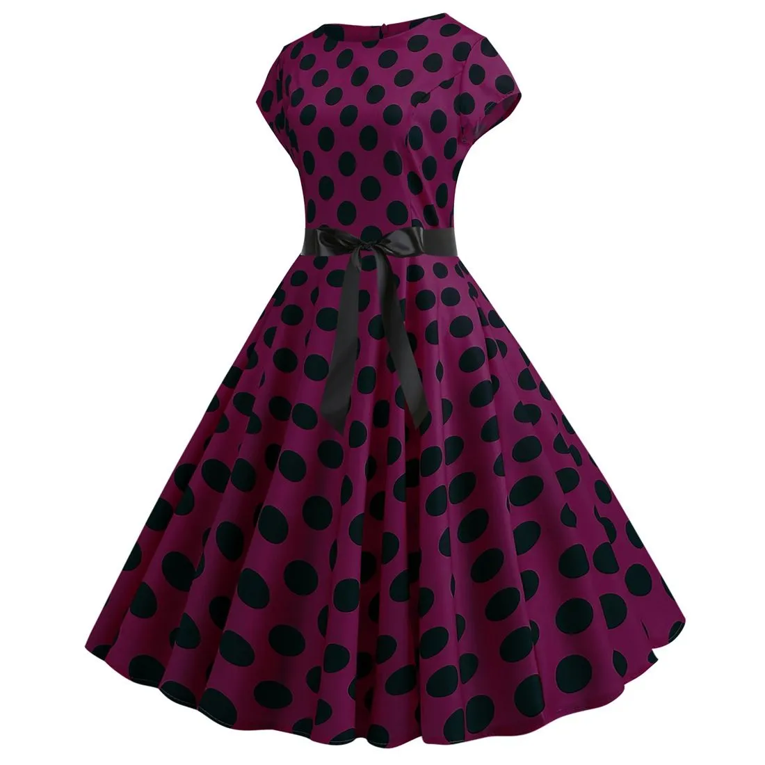 Women Vintage 1950s Retro Polka Dot Print Evening Party Prom Swing Dress