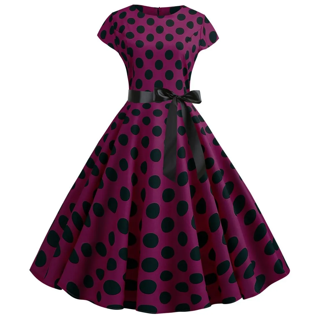 Women Vintage 1950s Retro Polka Dot Print Evening Party Prom Swing Dress