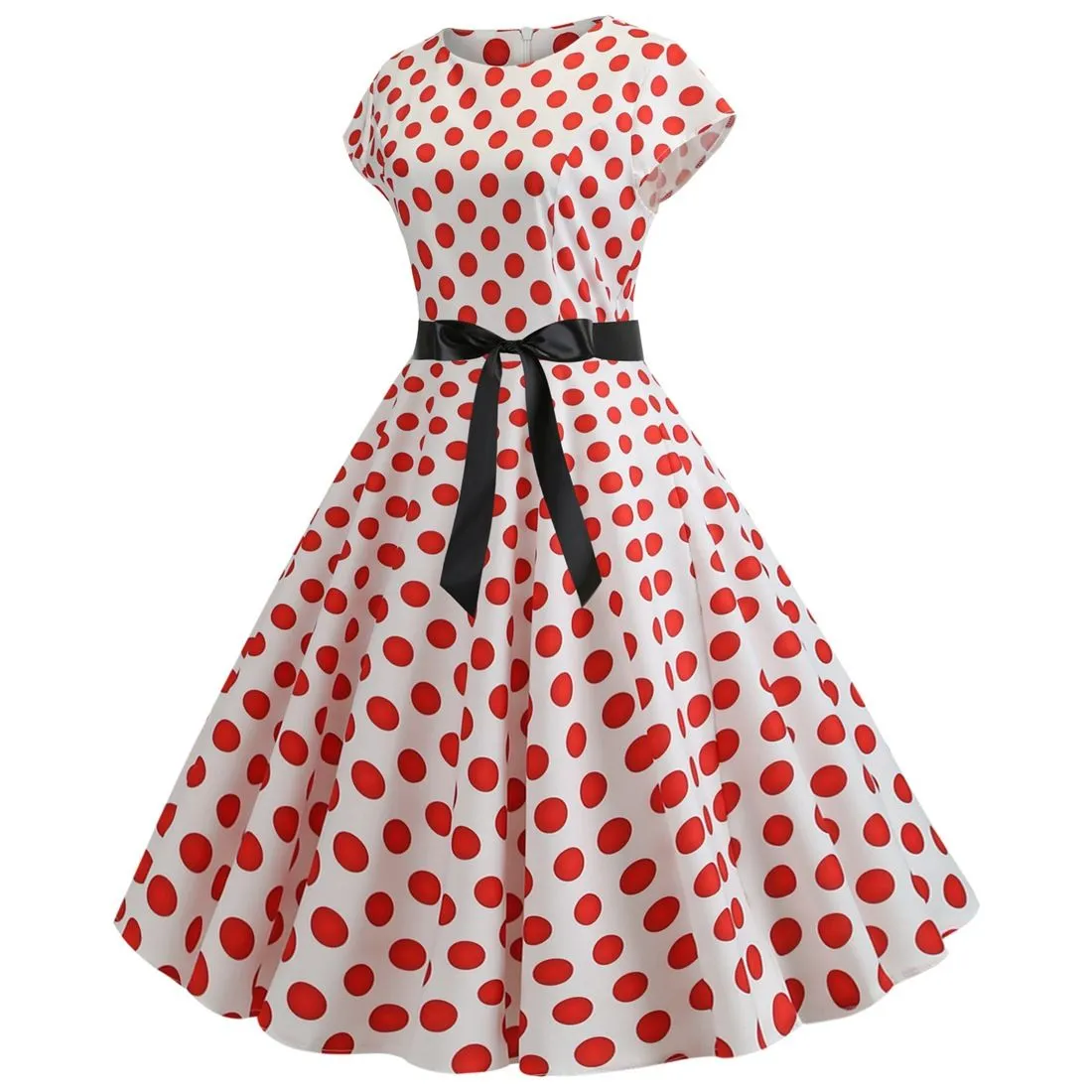 Women Vintage 1950s Retro Polka Dot Print Evening Party Prom Swing Dress