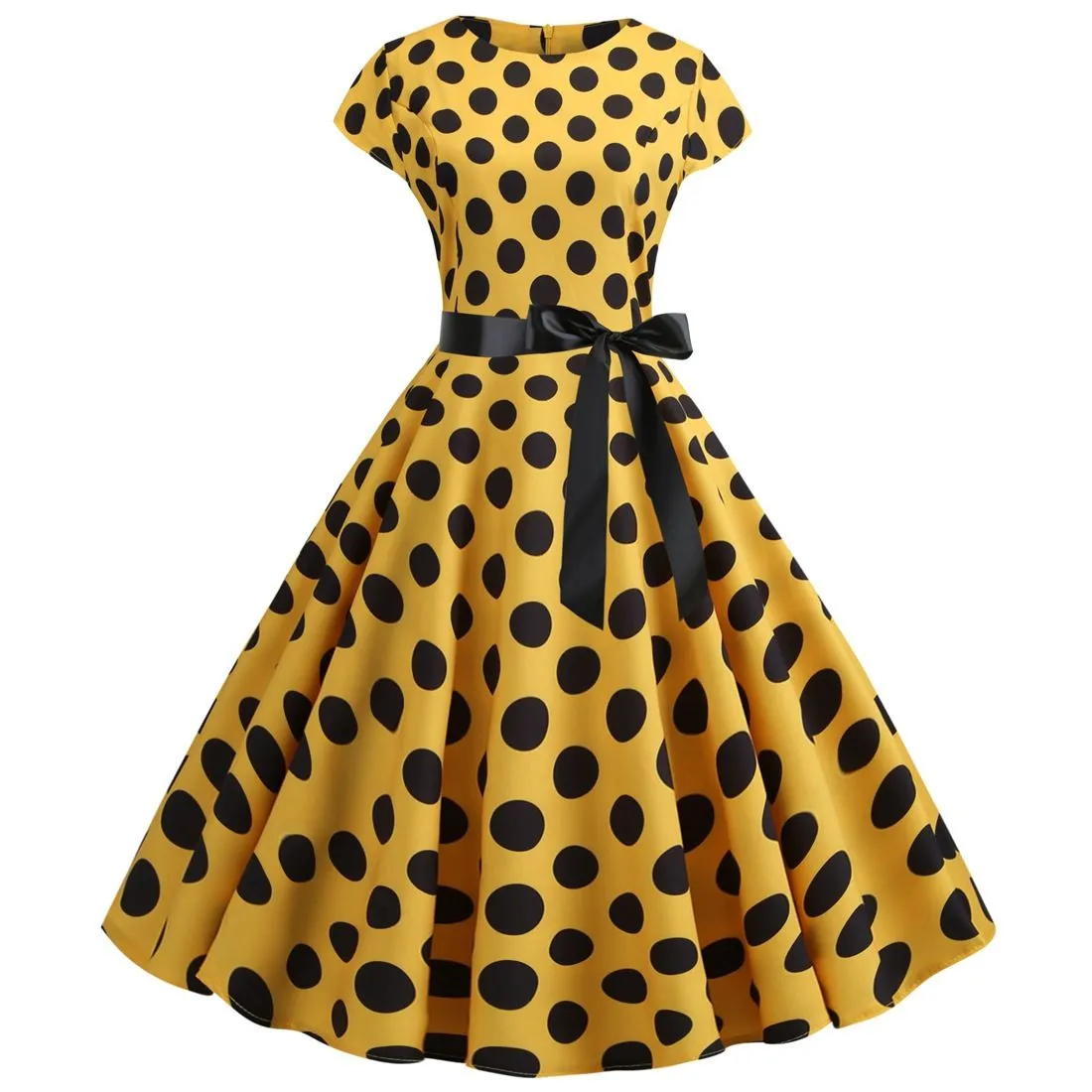 Women Vintage 1950s Retro Polka Dot Print Evening Party Prom Swing Dress