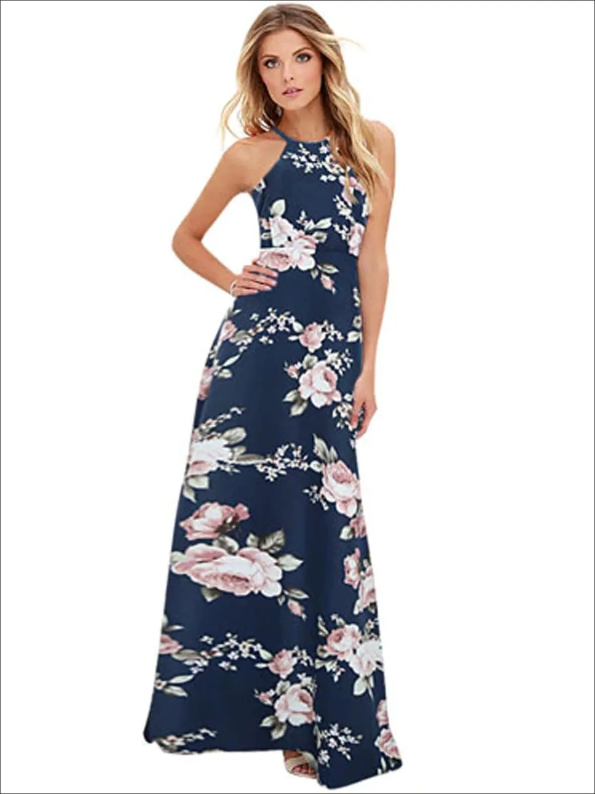 Women's Halter Floral A-Line Maxi Dress