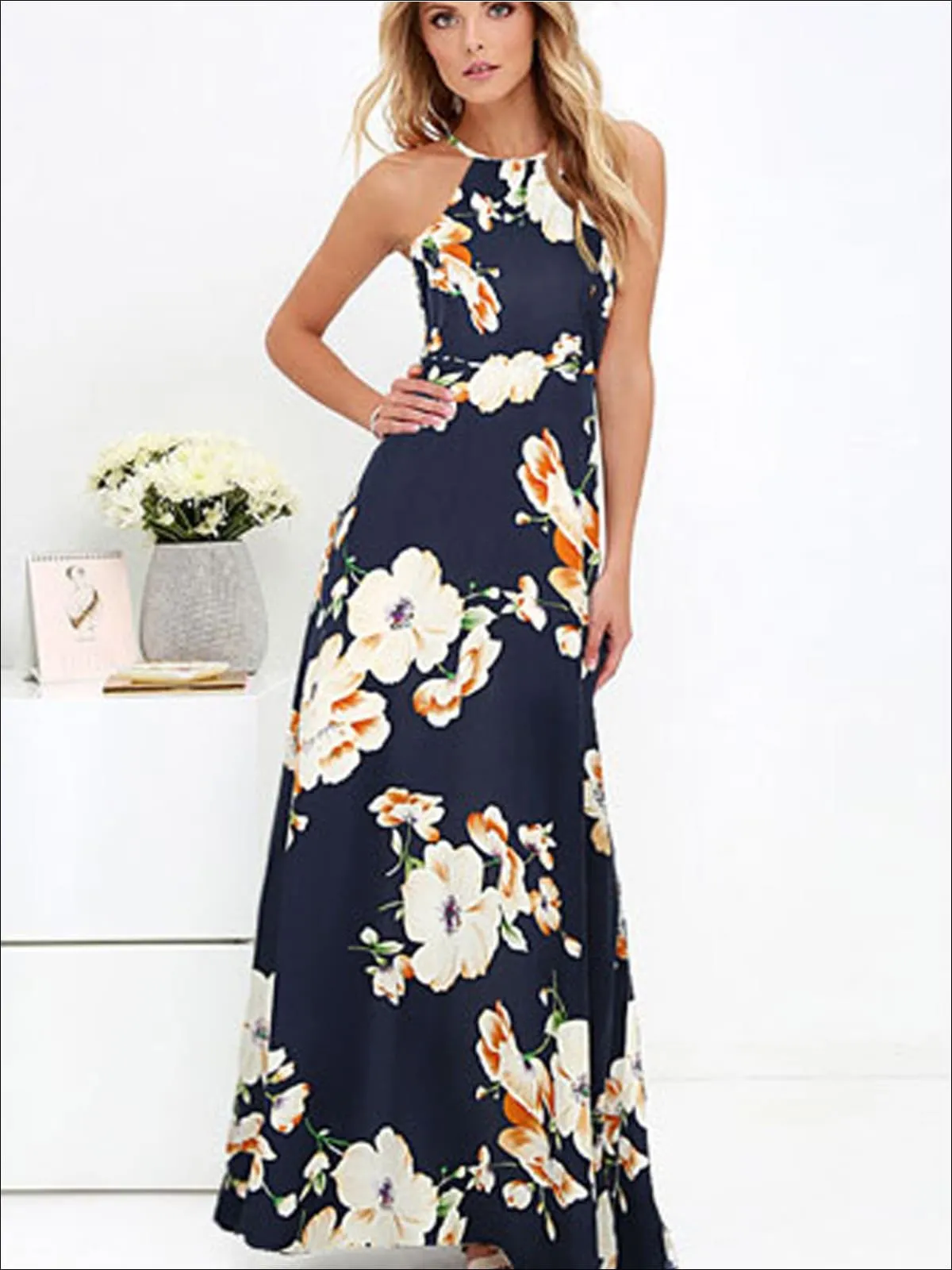 Women's Halter Floral A-Line Maxi Dress