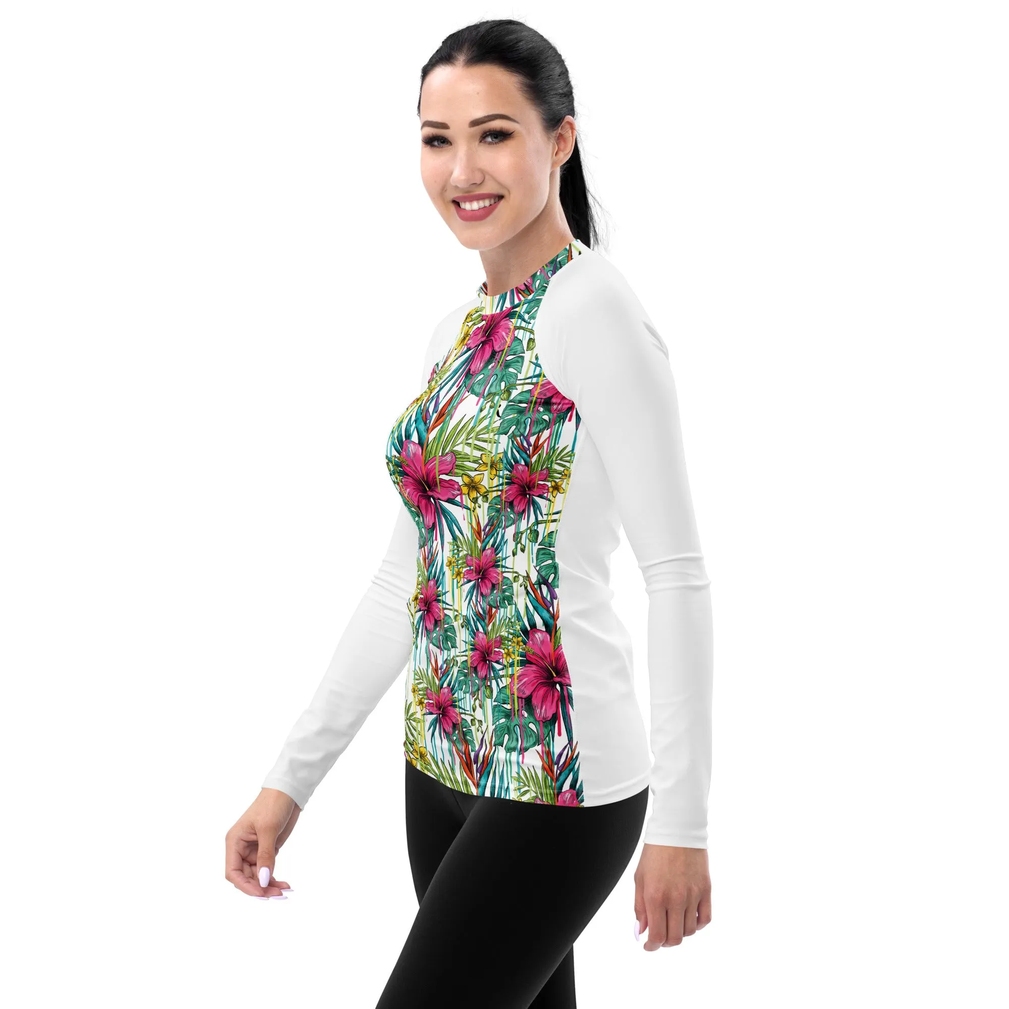 Women's Pink Floral and White Rash Guard