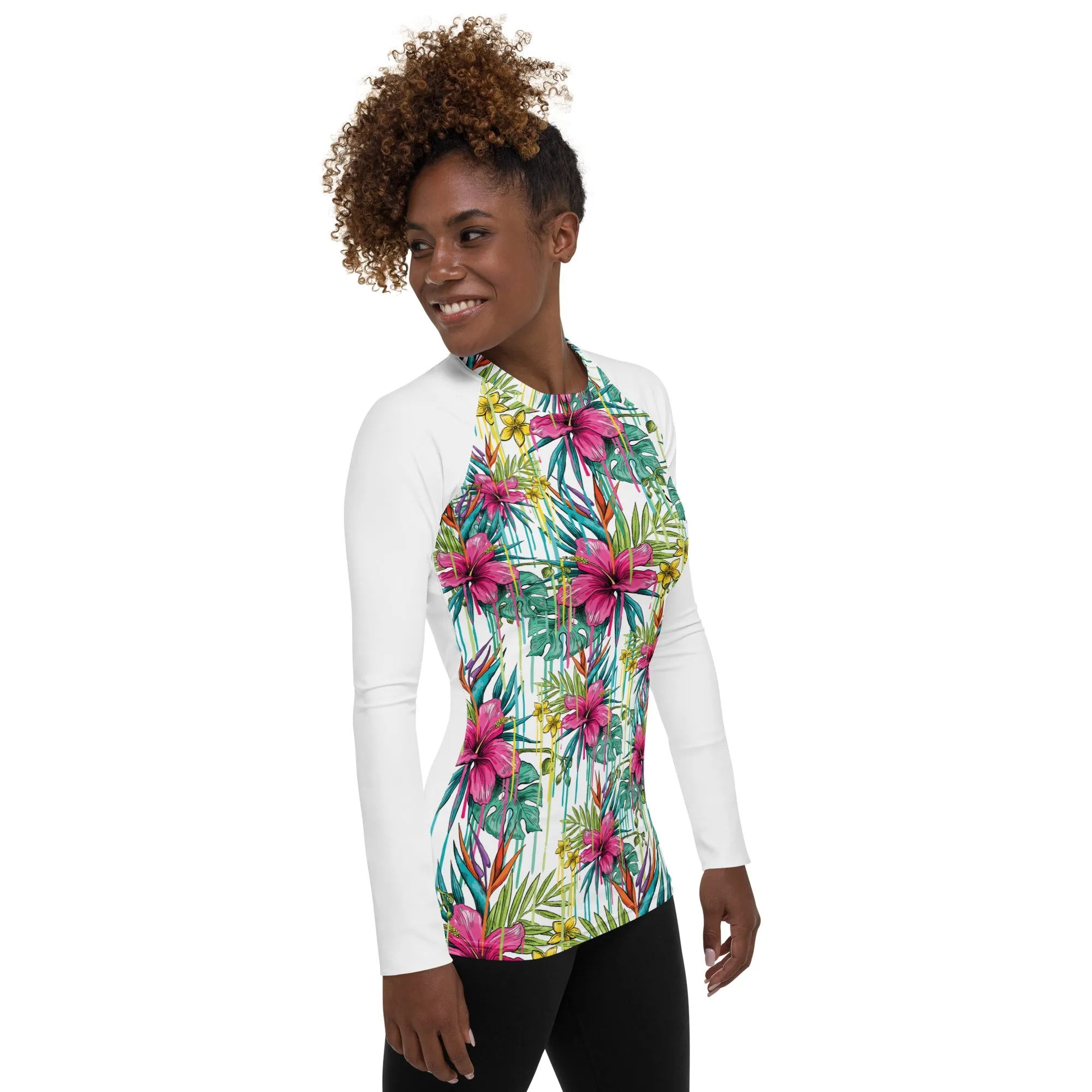 Women's Pink Floral and White Rash Guard