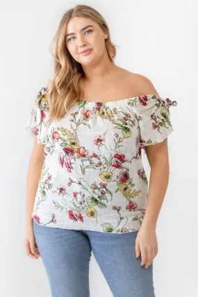 Women's Plus Ivory Floral Print Woven Linen Blend Off-the-shoulder Relax Top