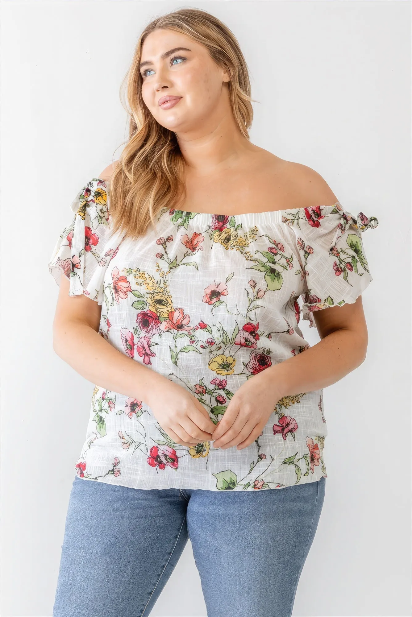 Women's Plus Ivory Floral Print Woven Linen Blend Off-the-shoulder Relax Top