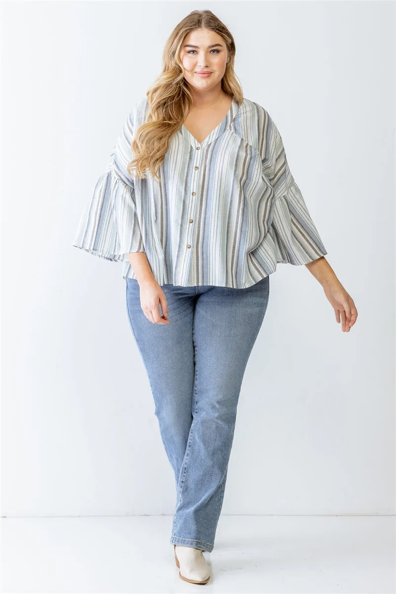 Women's Plus Light Blue Stripe Print Cotton Button-up Flare Hem Top