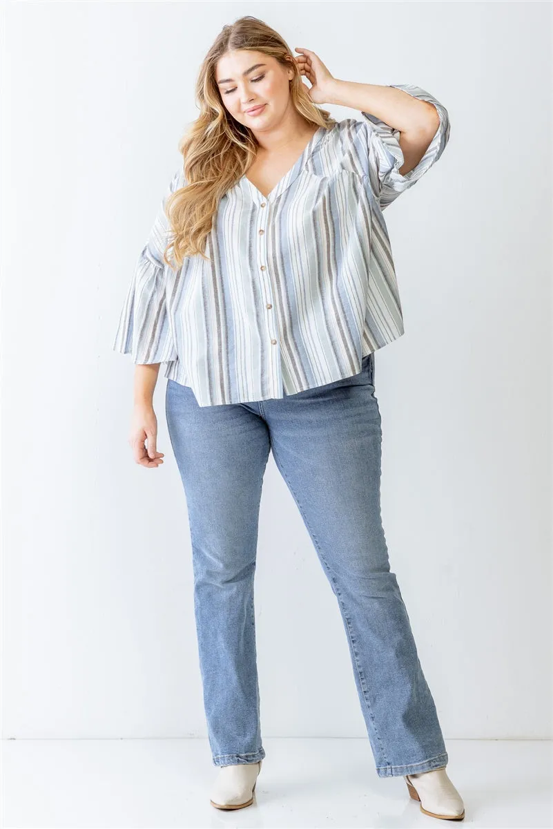 Women's Plus Light Blue Stripe Print Cotton Button-up Flare Hem Top