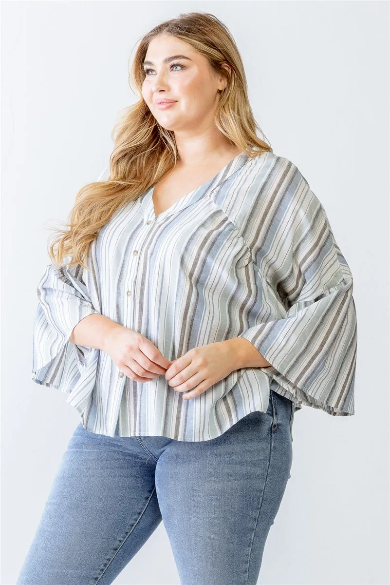 Women's Plus Light Blue Stripe Print Cotton Button-up Flare Hem Top