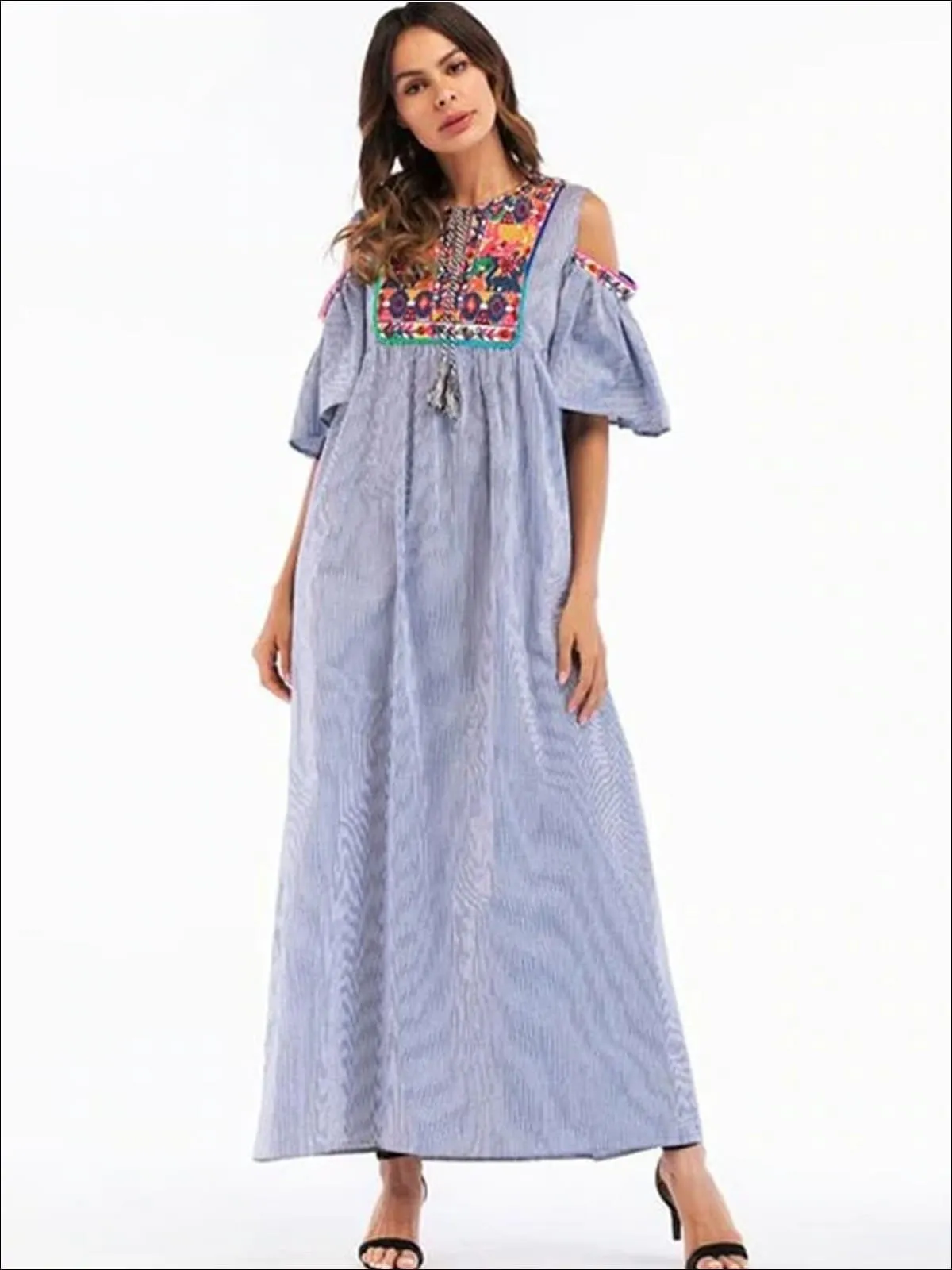 Women's Ruffled Cold Shoulder Maxi Dress With Embroidery Details