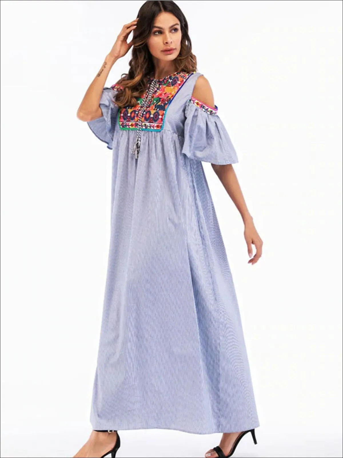 Women's Ruffled Cold Shoulder Maxi Dress With Embroidery Details