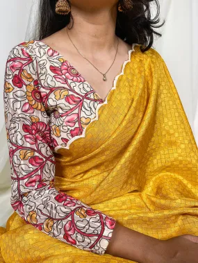 Yellow Color Vibrant Gadwal Chex Saree with Arca Work & Printed Linan Blouse